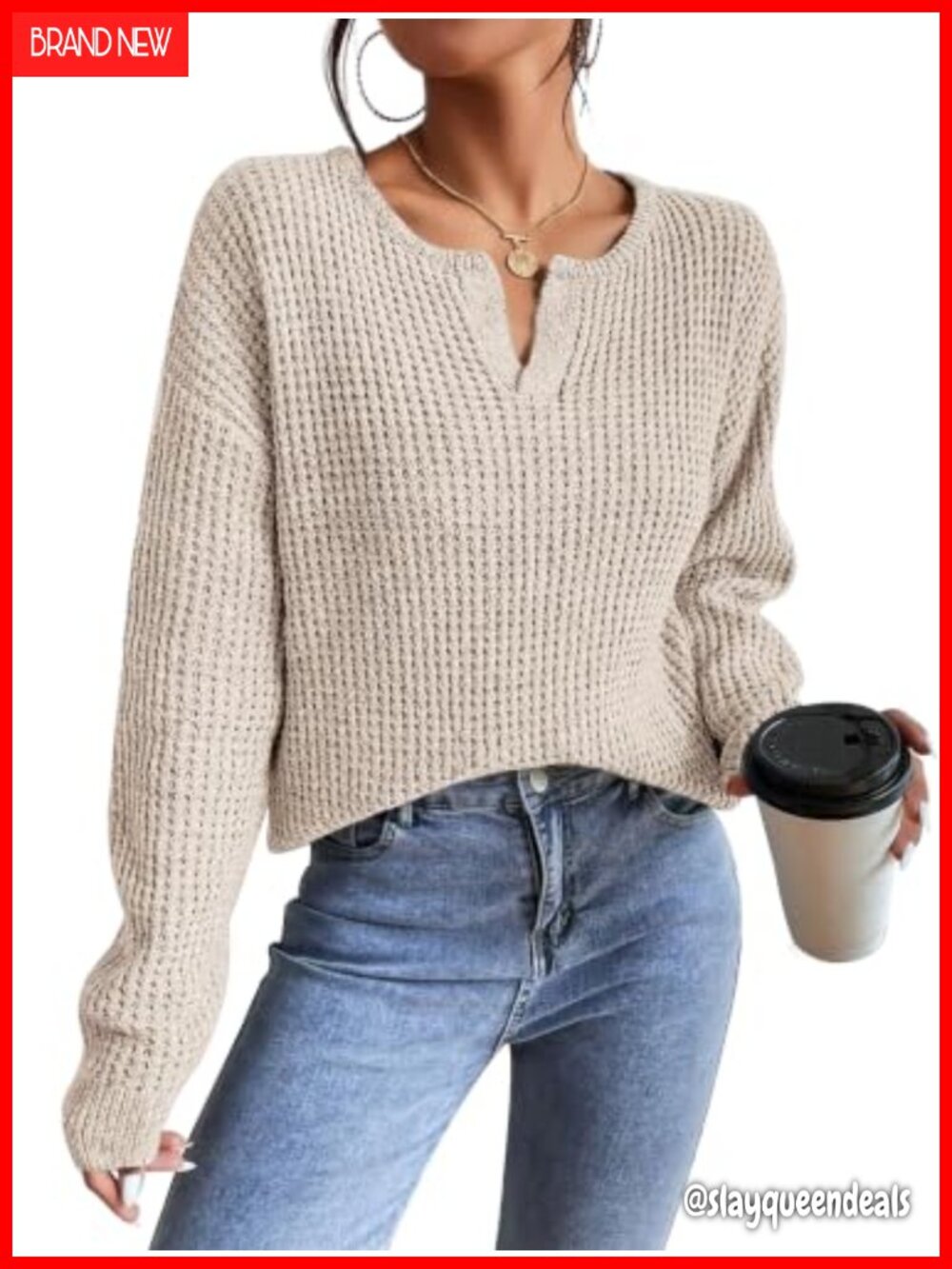Womens V Neck Long Sleeve Pullover Sweater Casual Knit Top